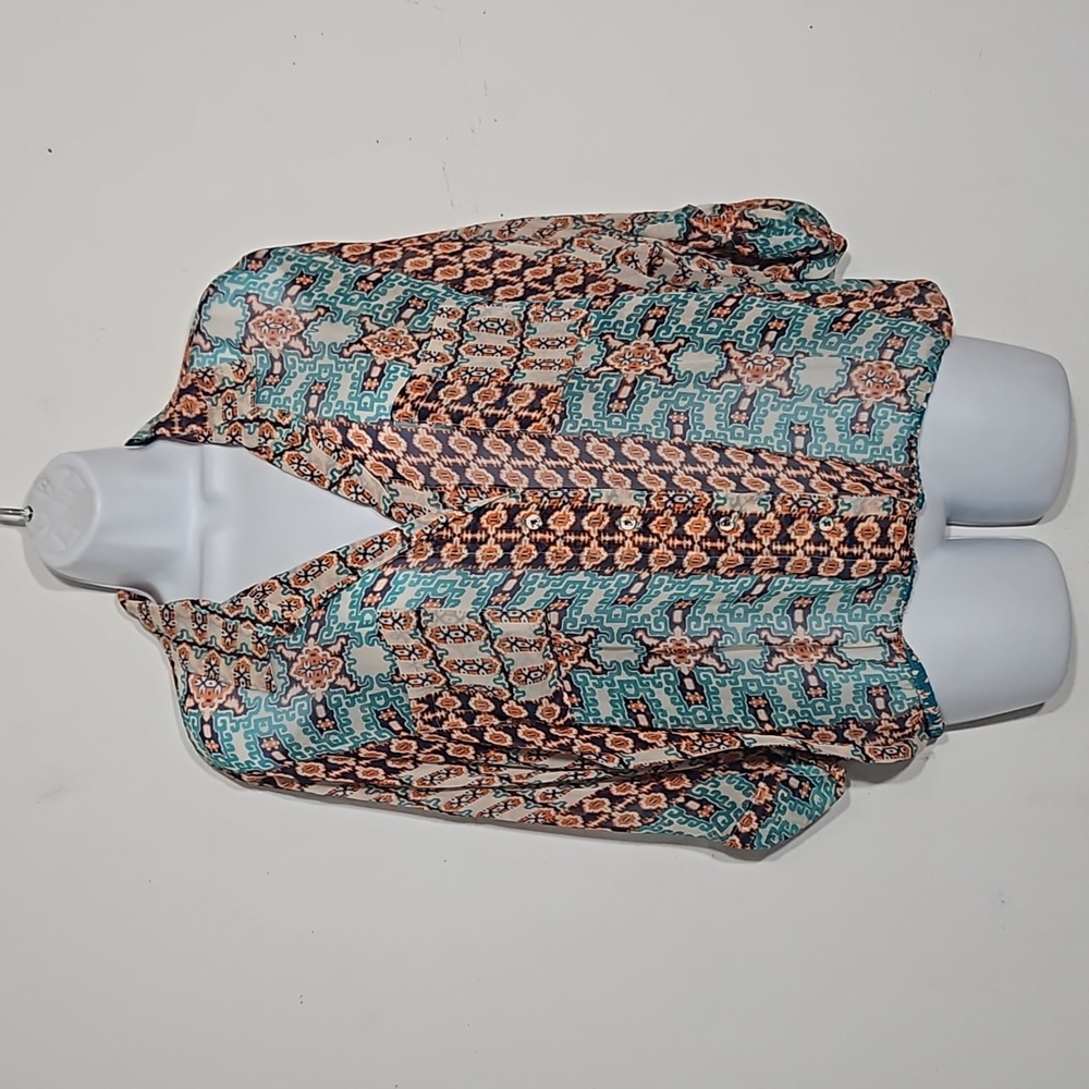 gypsy 05 made in hollywood 100% silk aztec tribal multi-colored silk blouse Med